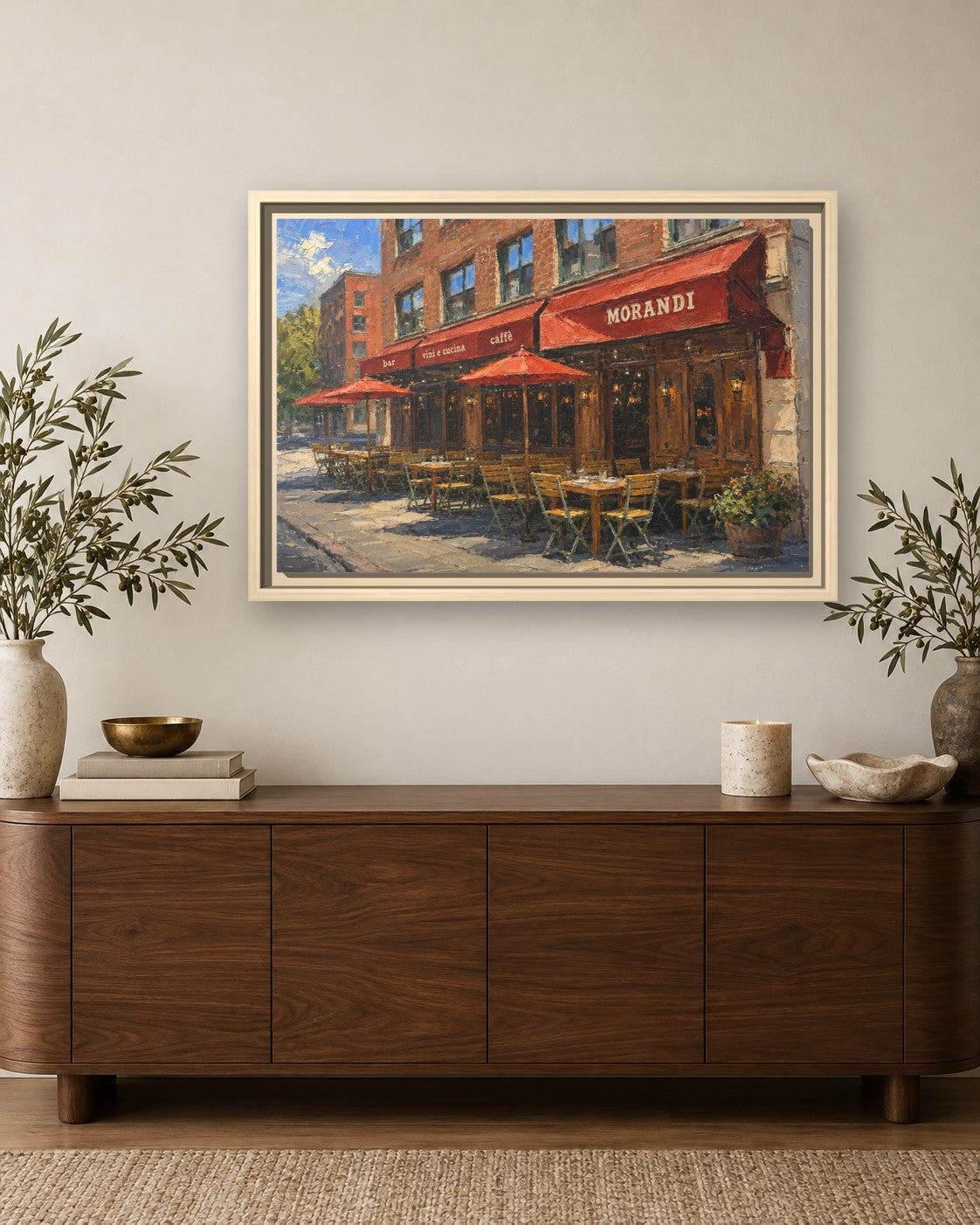 Morandi framed canvas print hanging above a sideboard