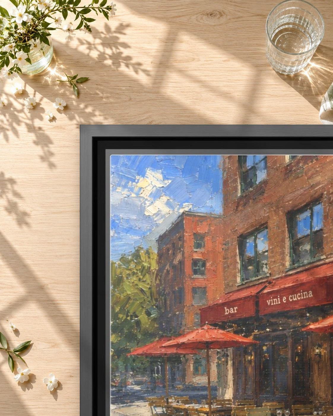 Close-up of Morandi framed canvas print showing the frame corner and brushwork