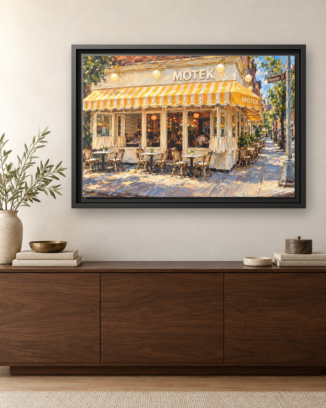 Motek West Village framed canvas print hanging above a credenza