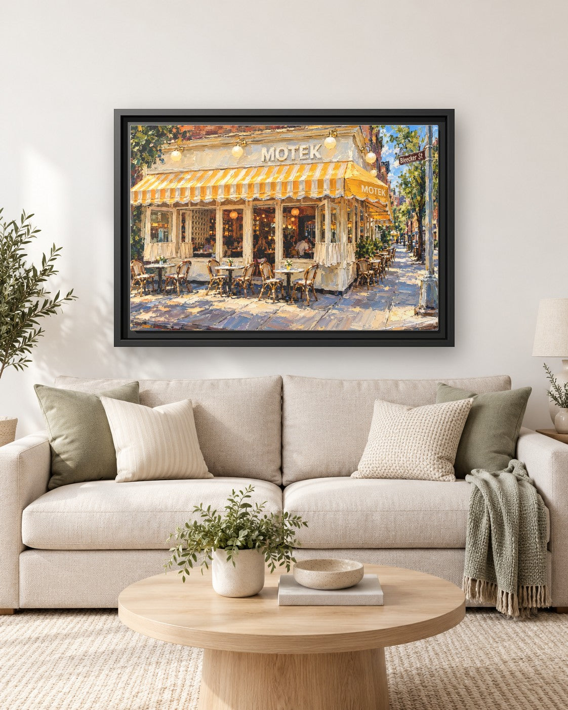 Motek West Village framed canvas print hanging above a sofa