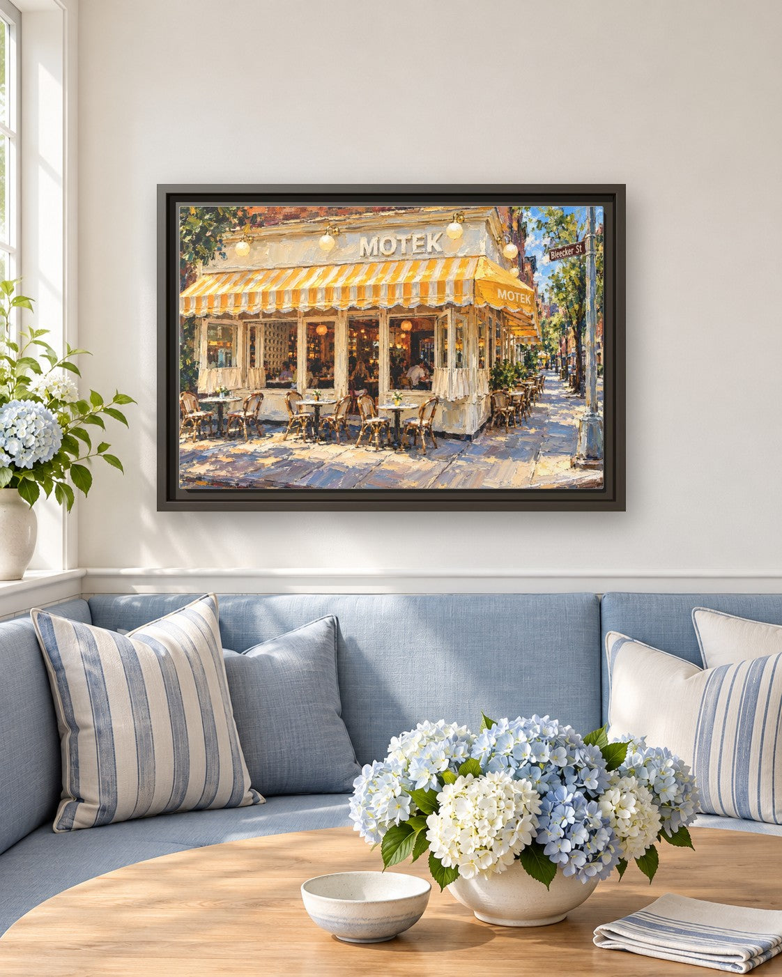 Motek West Village framed canvas print in a breakfast nook