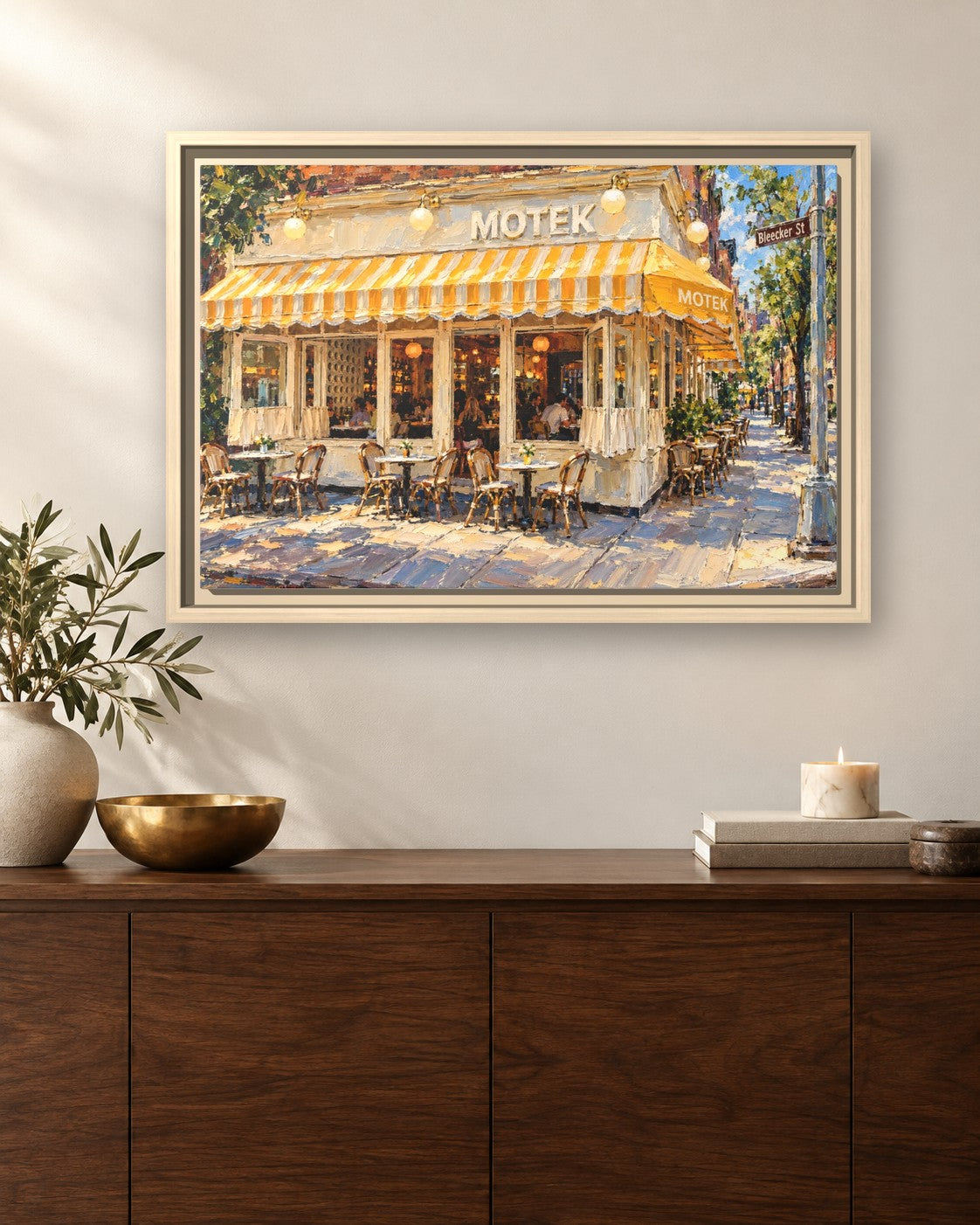 Motek West Village framed canvas print hanging above a sideboard