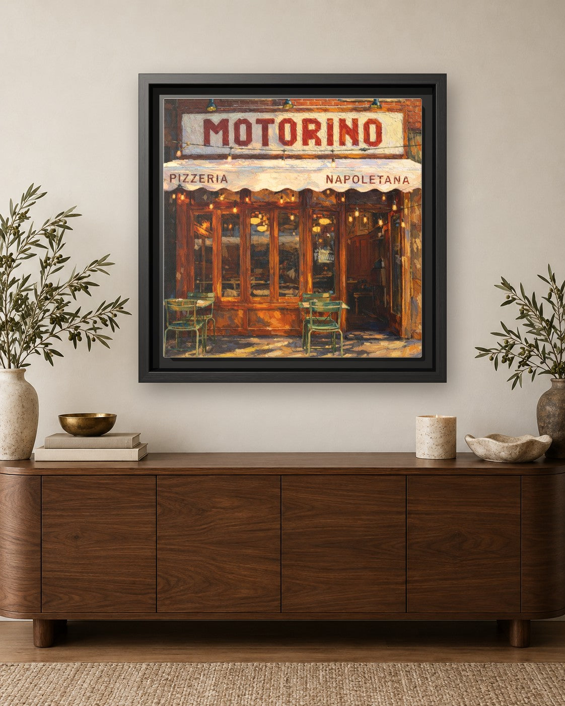 Motorino framed canvas print hanging above a credenza