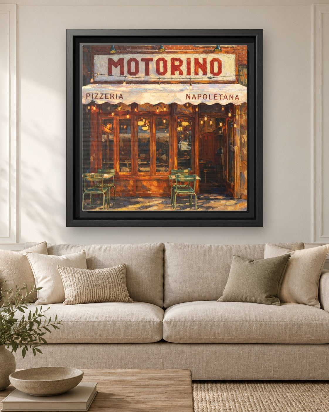 Motorino framed canvas print hanging above a sofa