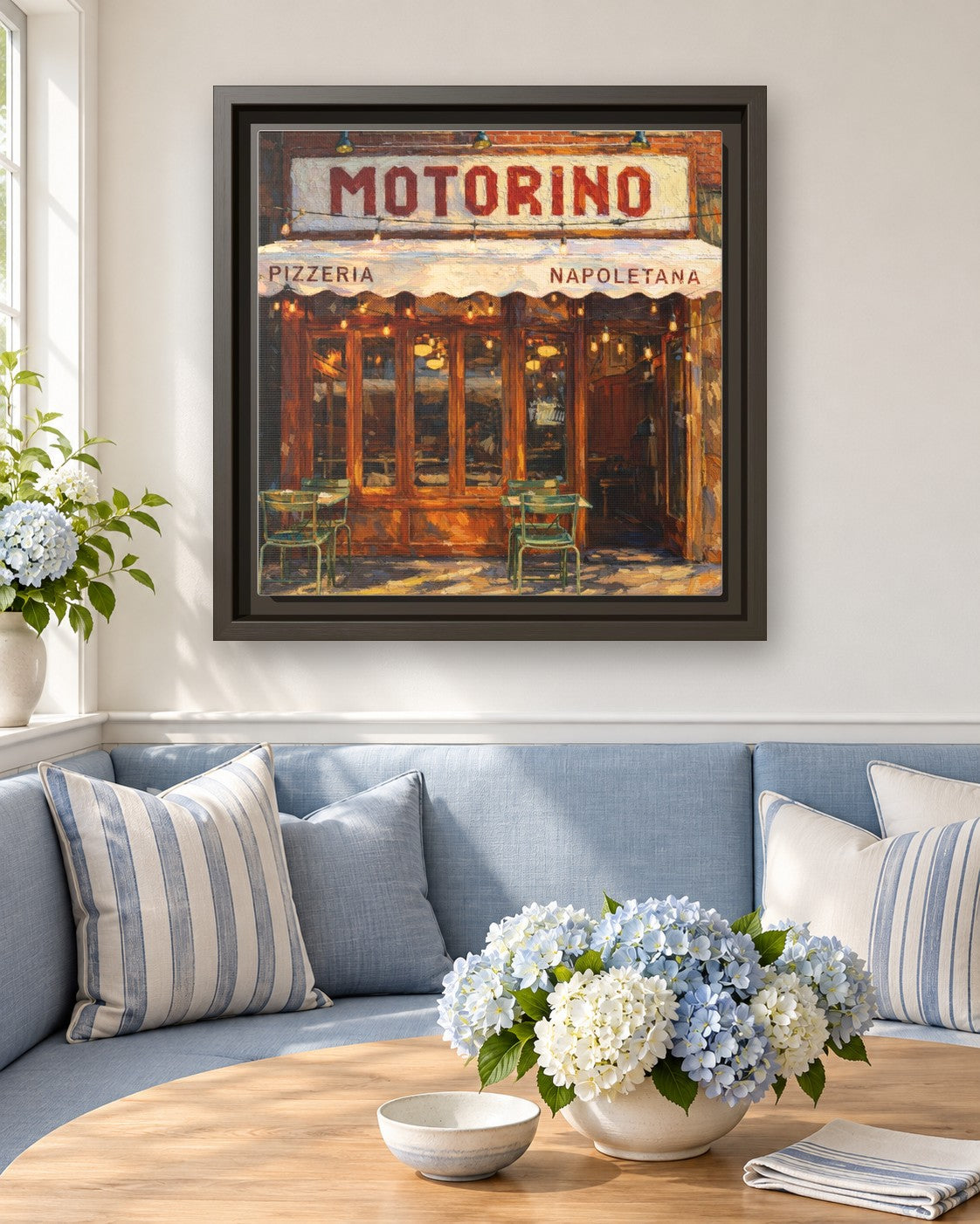 Motorino framed canvas print in a breakfast nook