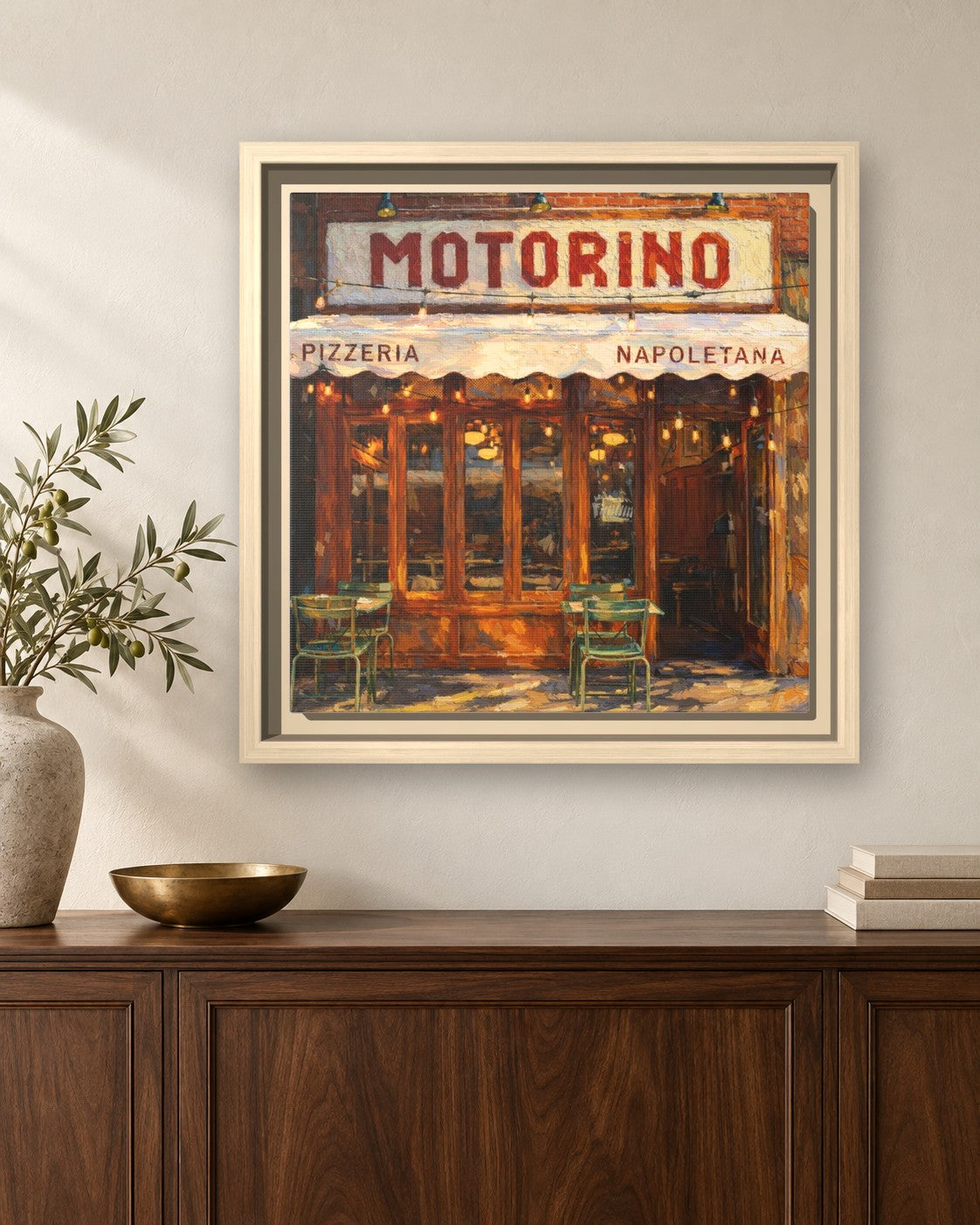 Motorino framed canvas print hanging above a sideboard
