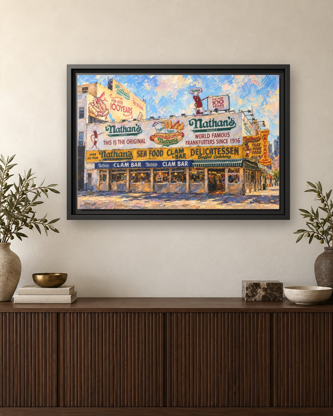 Nathan's Famous framed canvas print hanging above a credenza