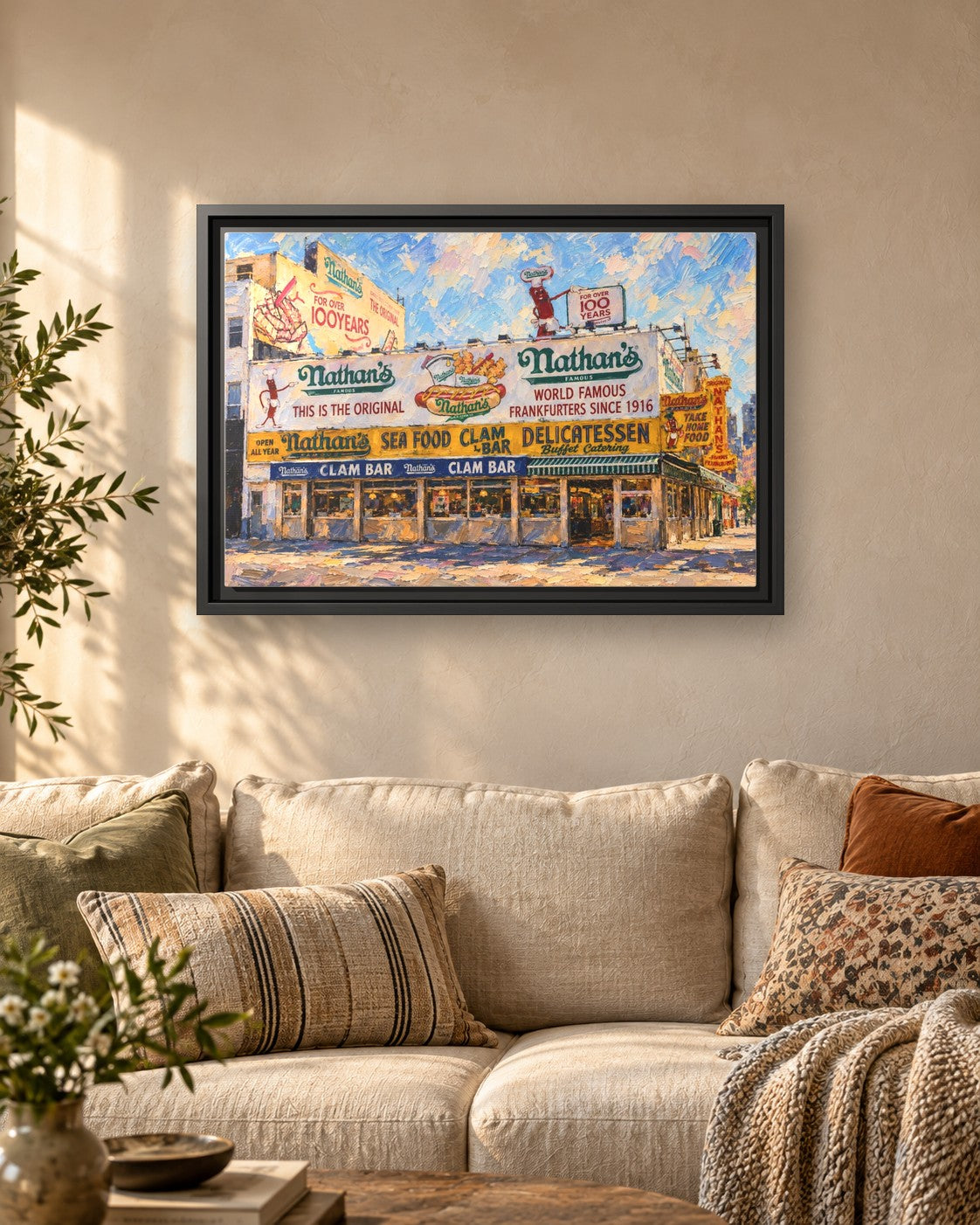 Nathan's Famous framed canvas print hanging above a sofa