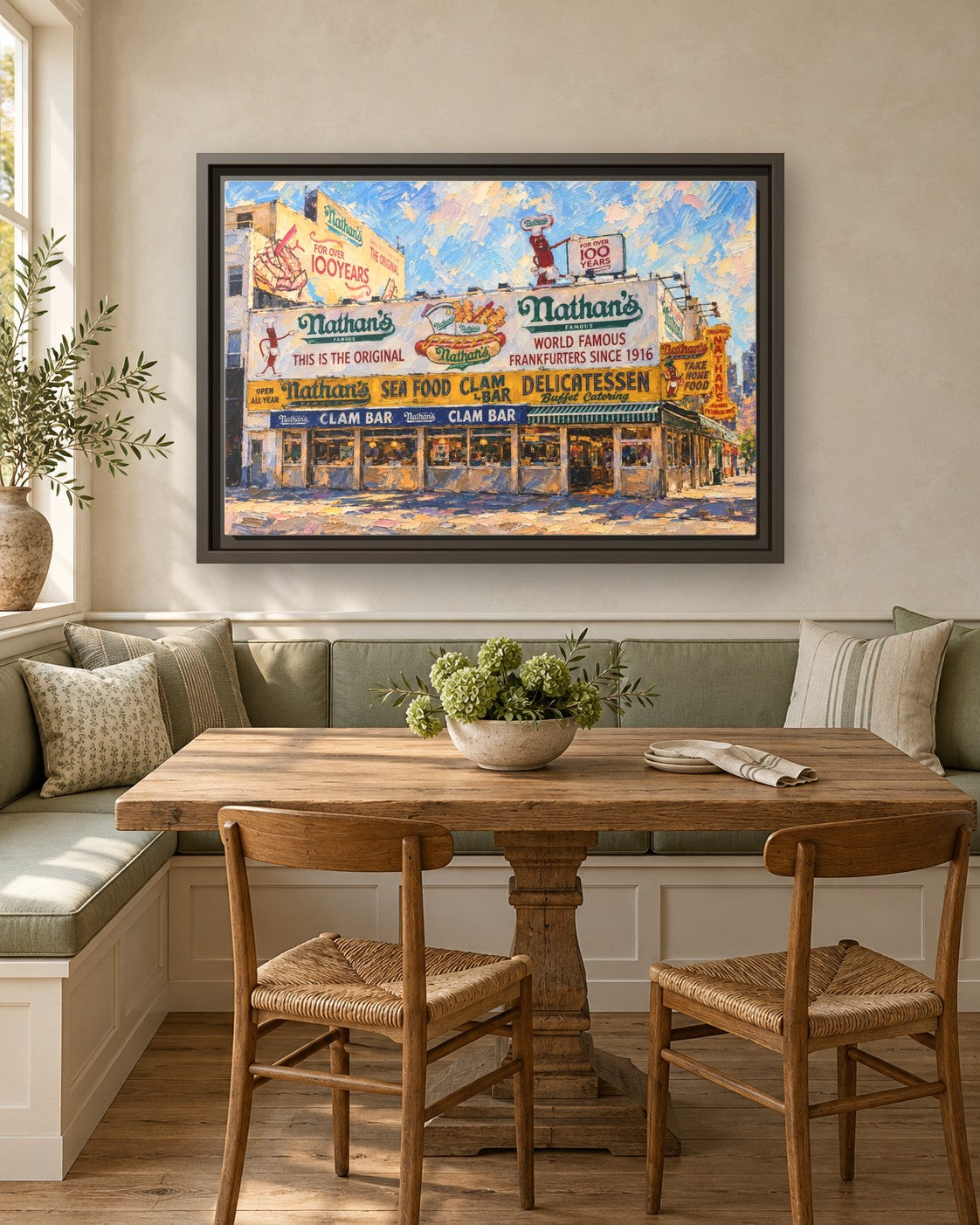 Nathan's Famous framed canvas print in a breakfast nook