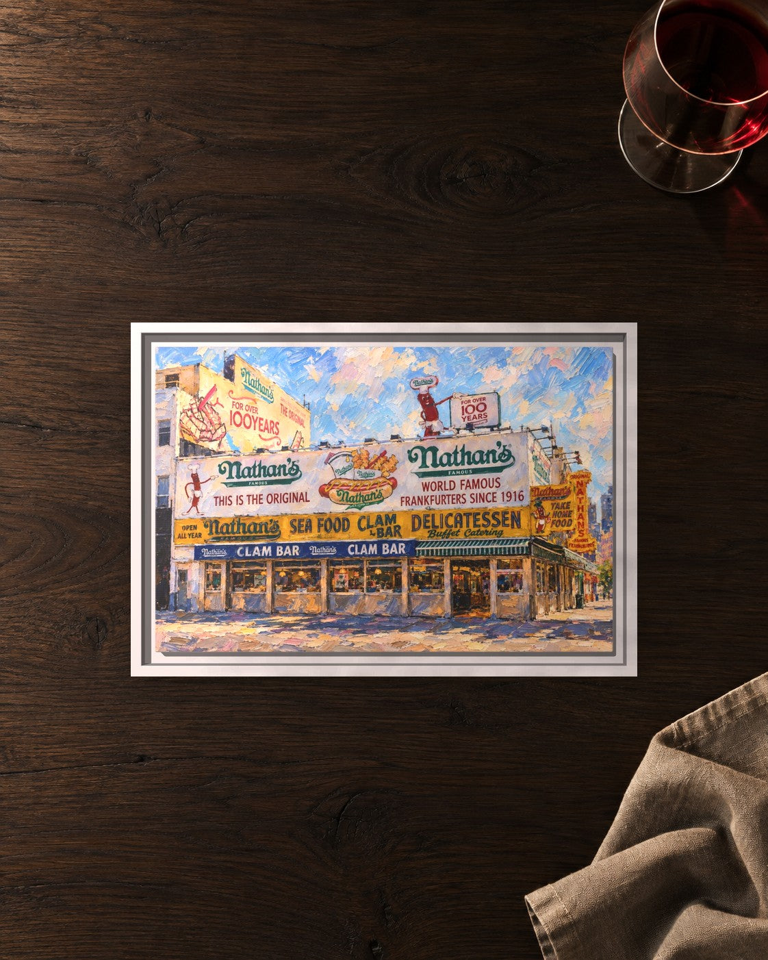 Nathan's Famous framed canvas print lying on a table