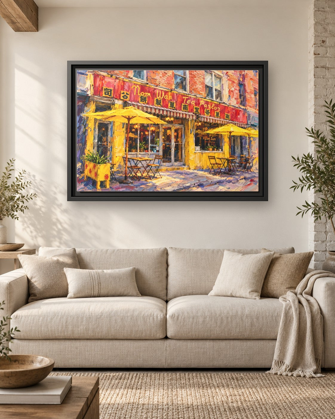 Nom Wah Tea Parlor framed canvas print hanging above a sofa