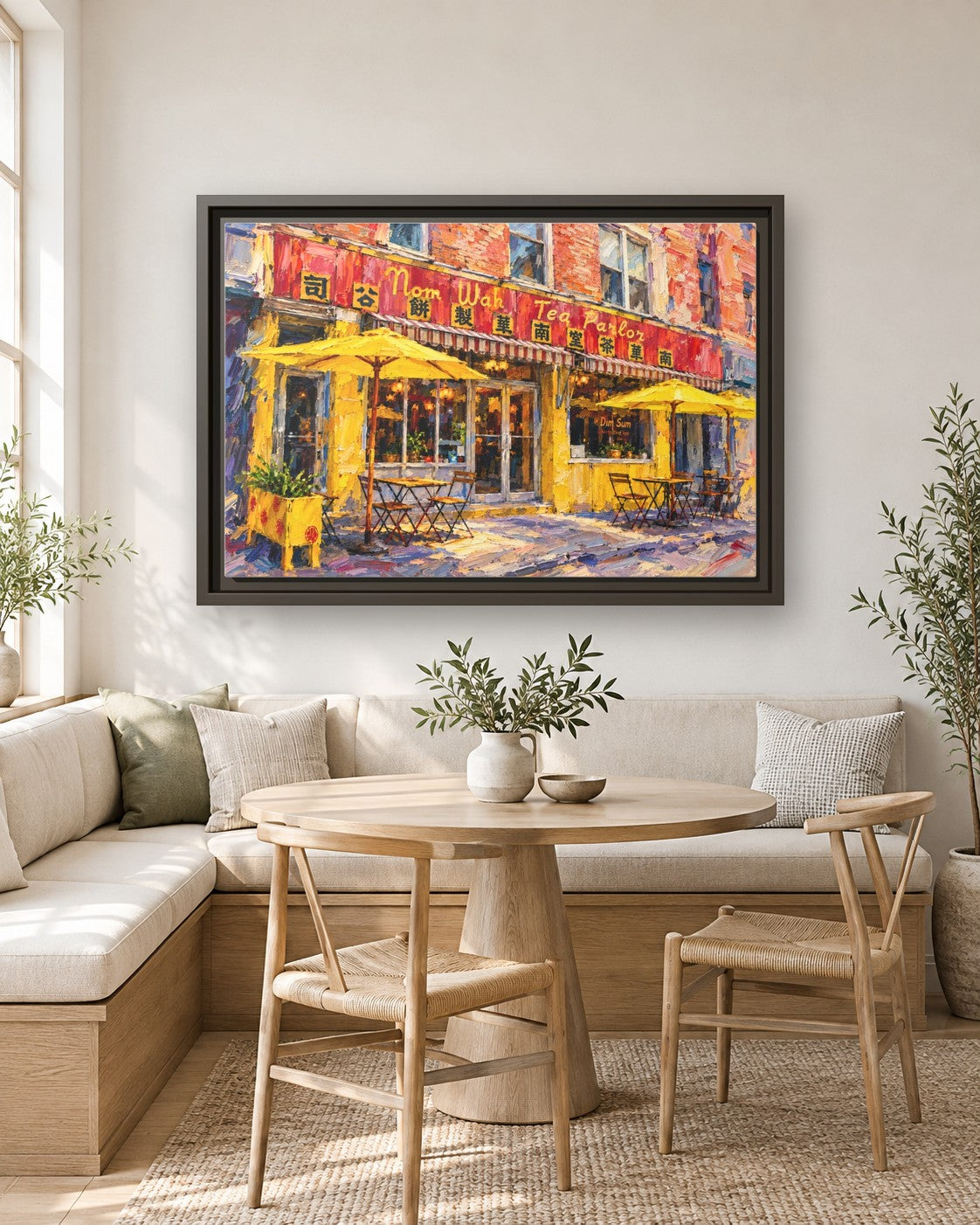 Nom Wah Tea Parlor framed canvas print in a breakfast nook