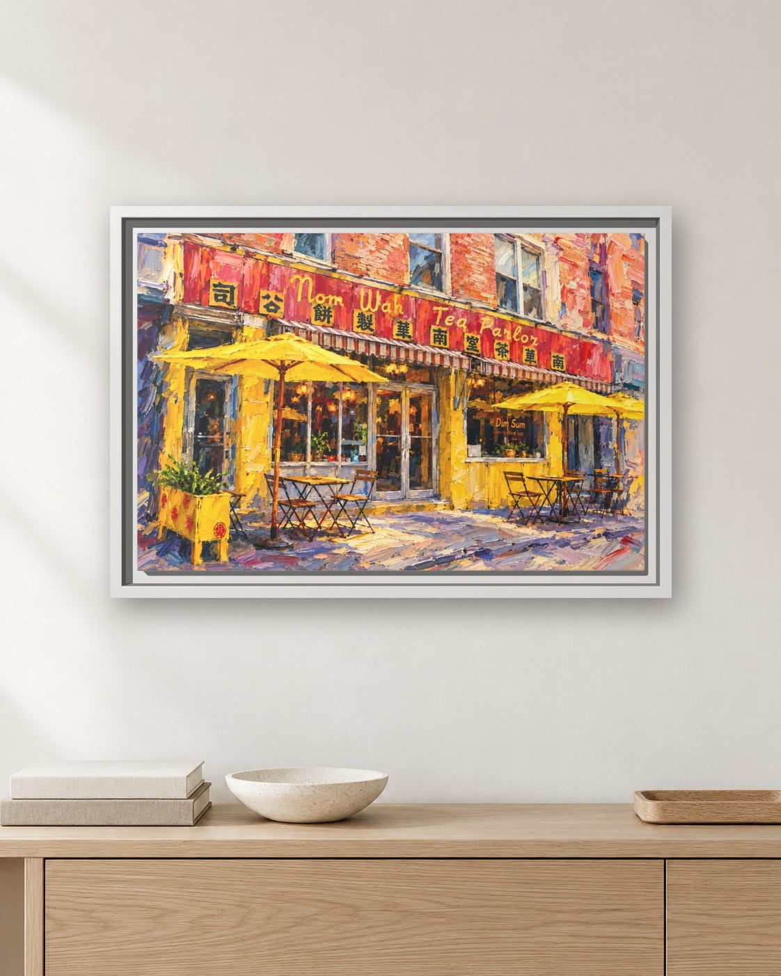 Nom Wah Tea Parlor framed canvas print hanging above a sideboard