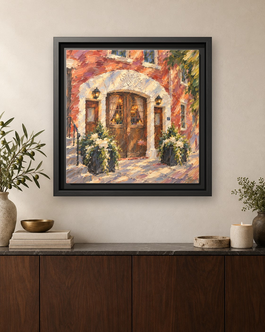 One if by Land, Two if by Sea framed canvas print hanging above a credenza