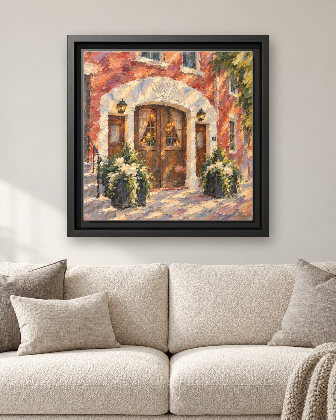 One if by Land, Two if by Sea framed canvas print hanging above a sofa