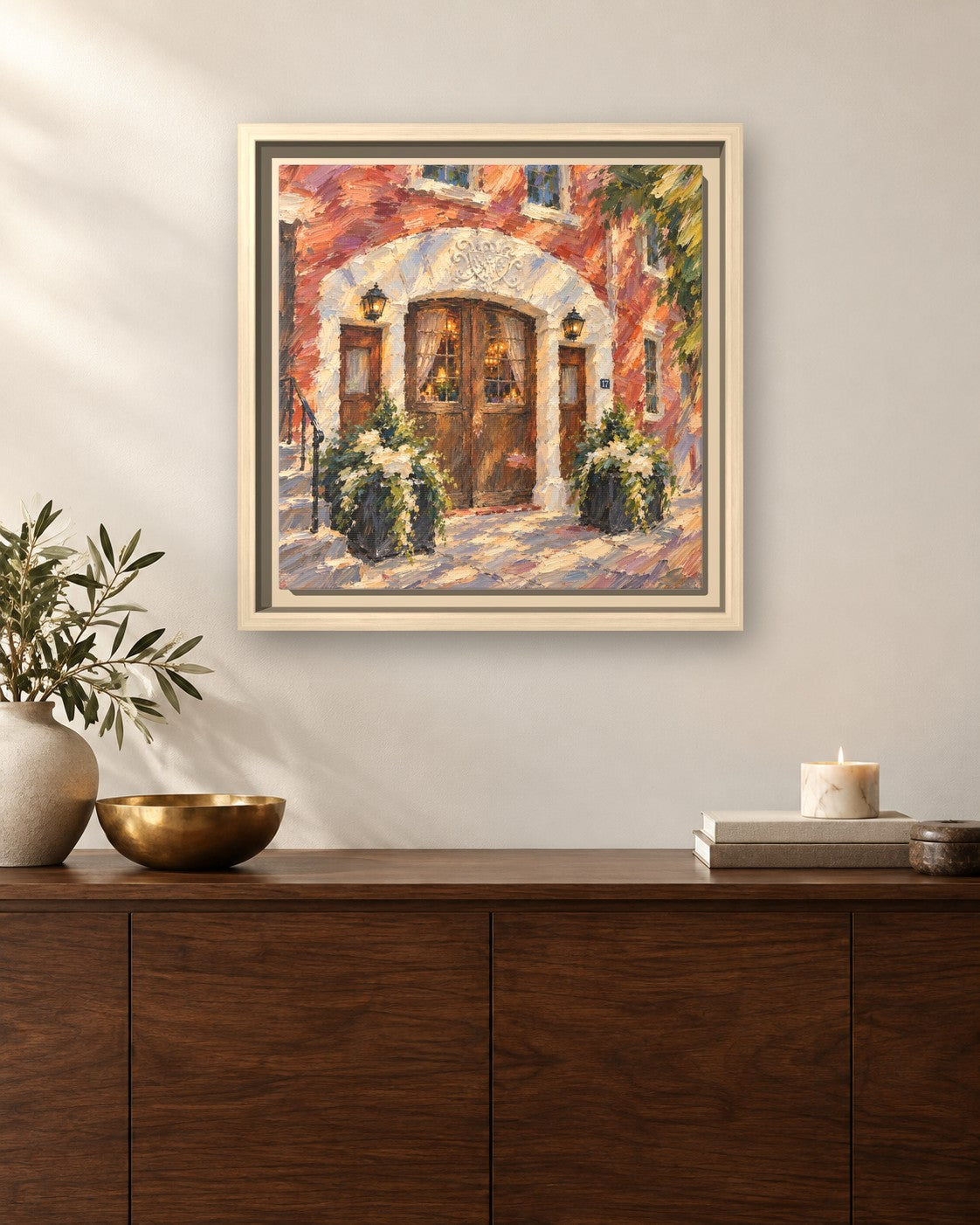 One if by Land, Two if by Sea framed canvas print hanging above a sideboard