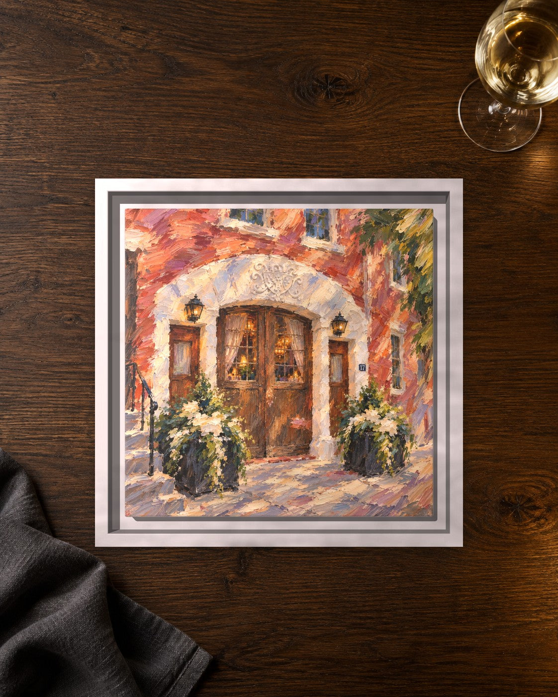 One if by Land, Two if by Sea framed canvas print lying on a table