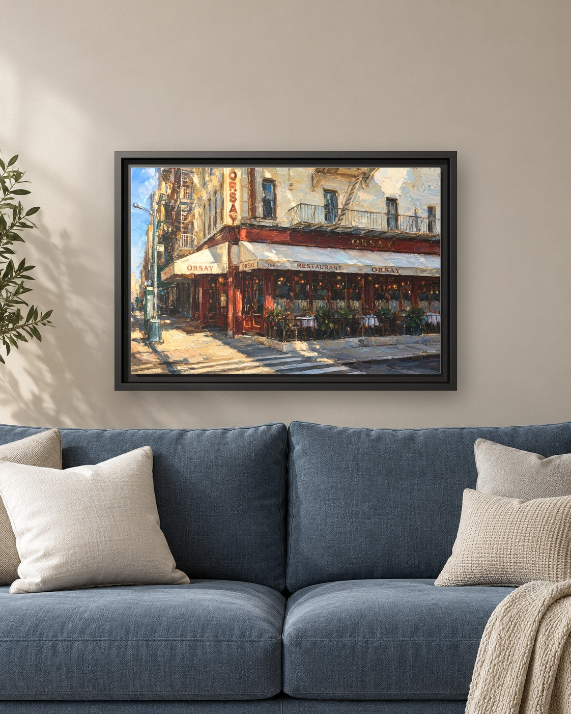 Orsay framed canvas print hanging above a sofa