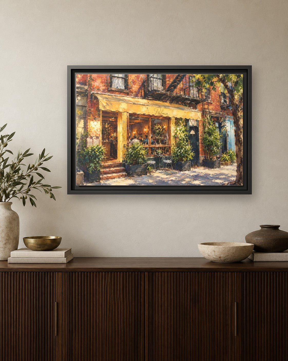 Palma framed canvas print hanging above a credenza