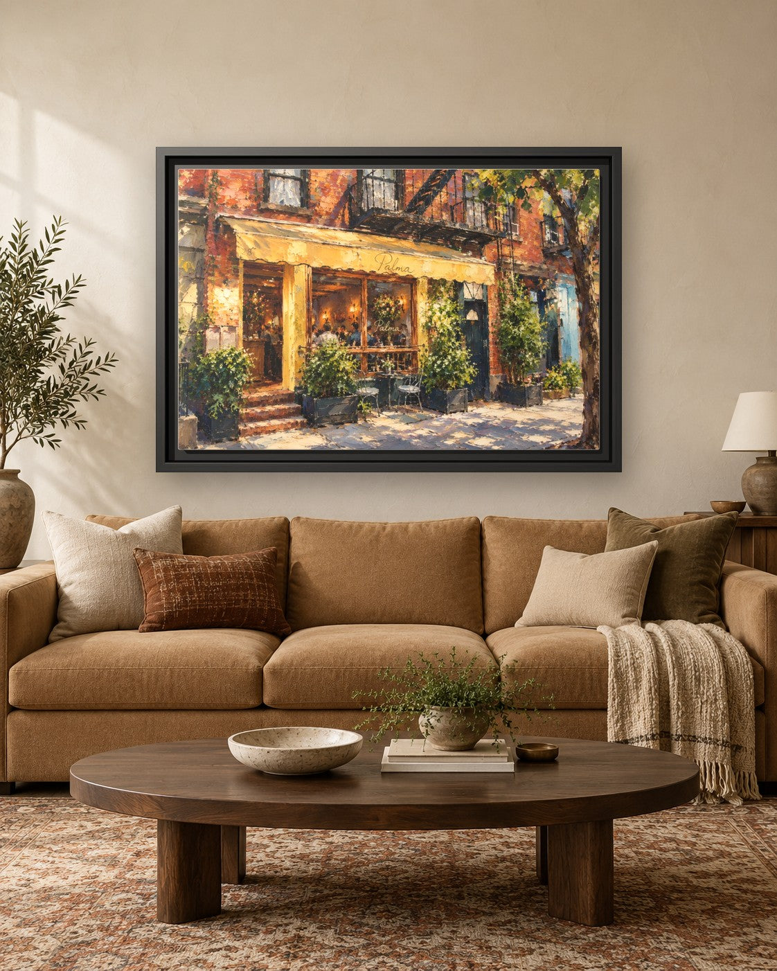 Palma framed canvas print hanging above a sofa