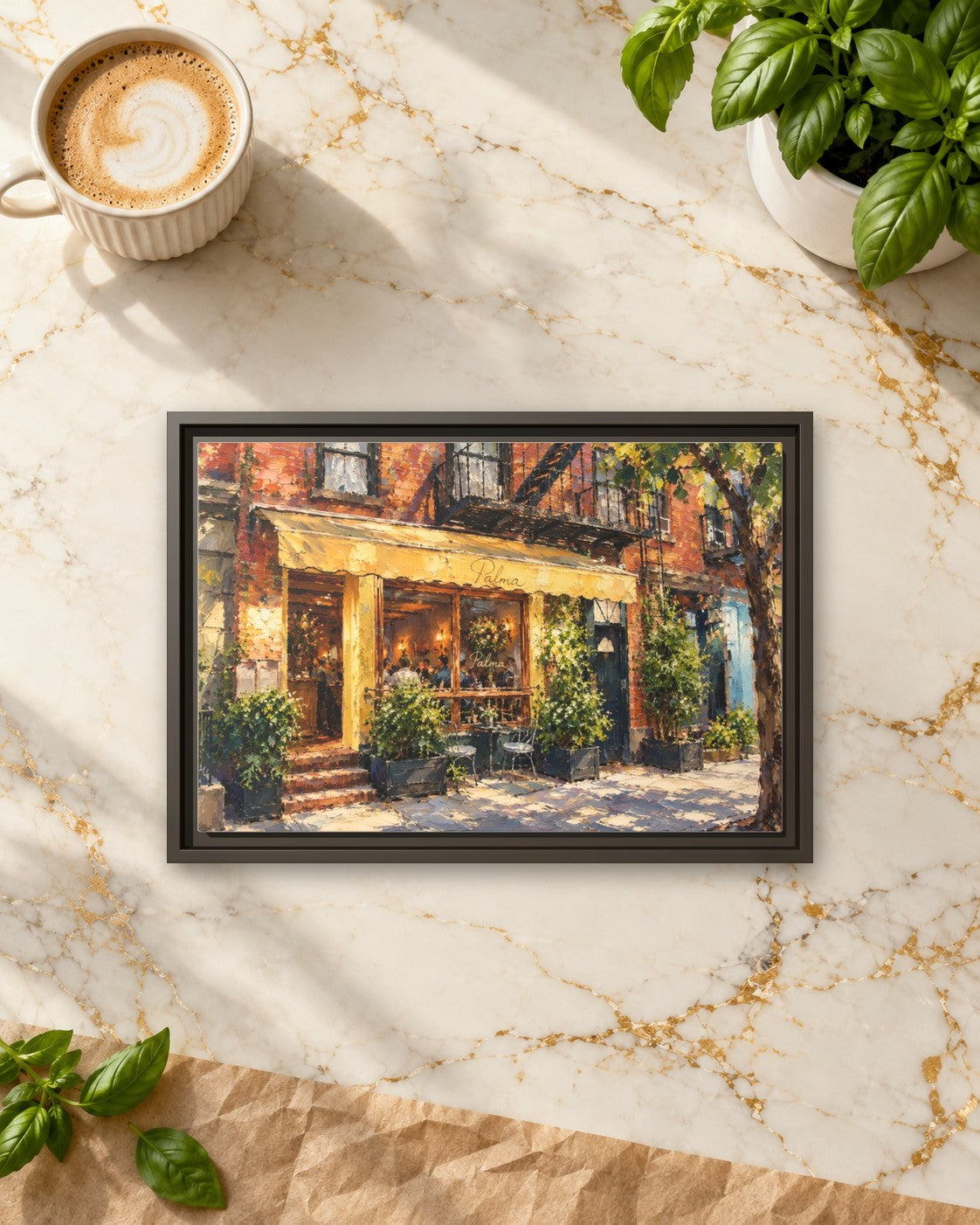 Palma framed canvas print lying on a table