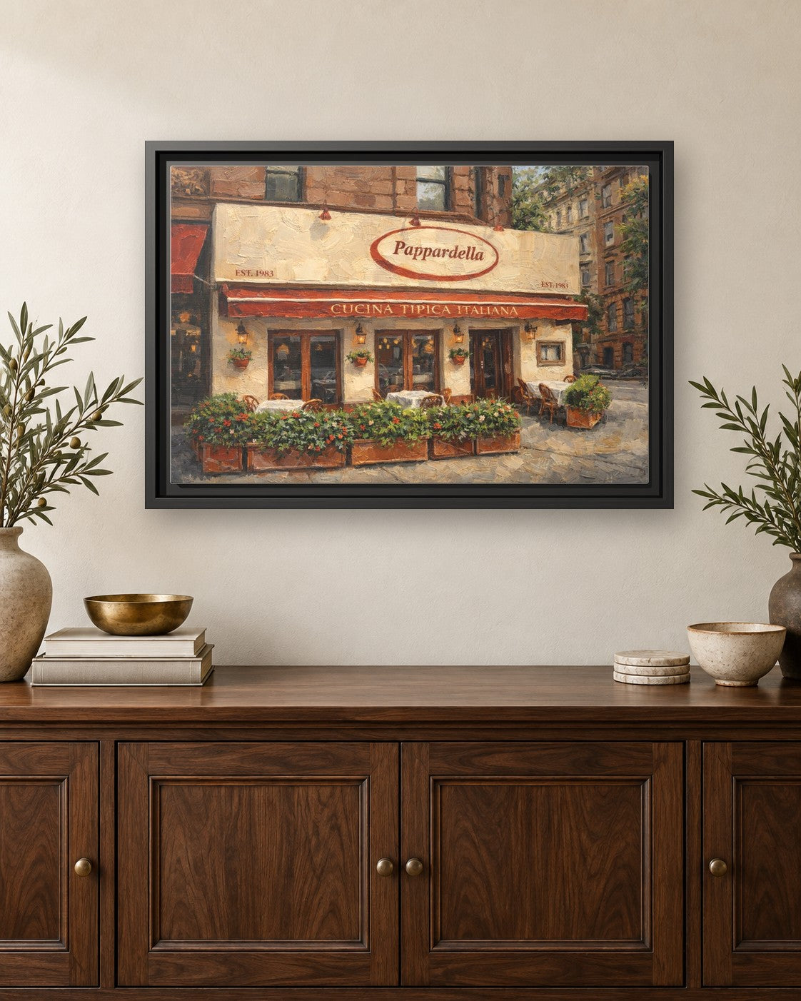 Papardella framed canvas print hanging above a credenza