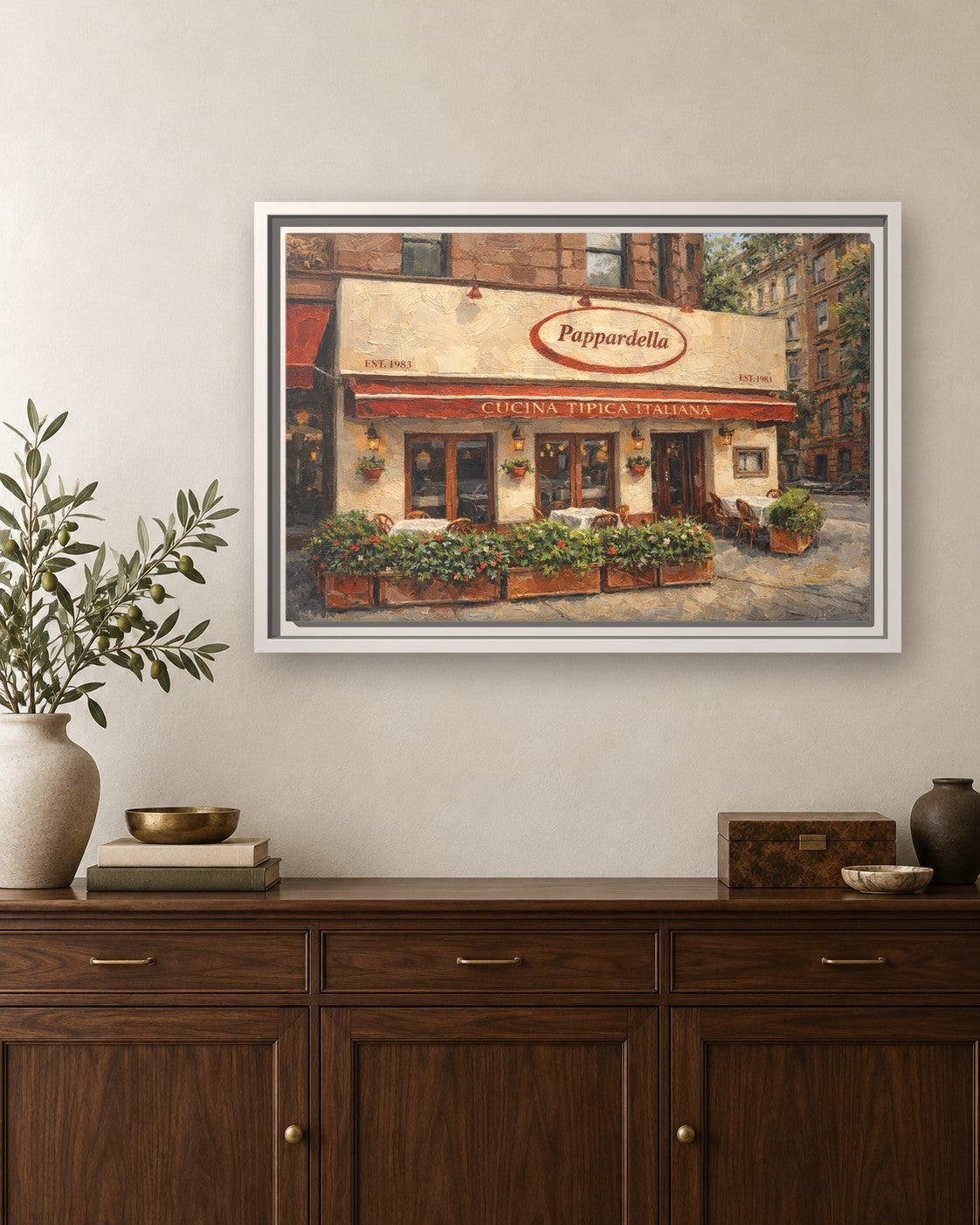 Papardella framed canvas print hanging above a sideboard