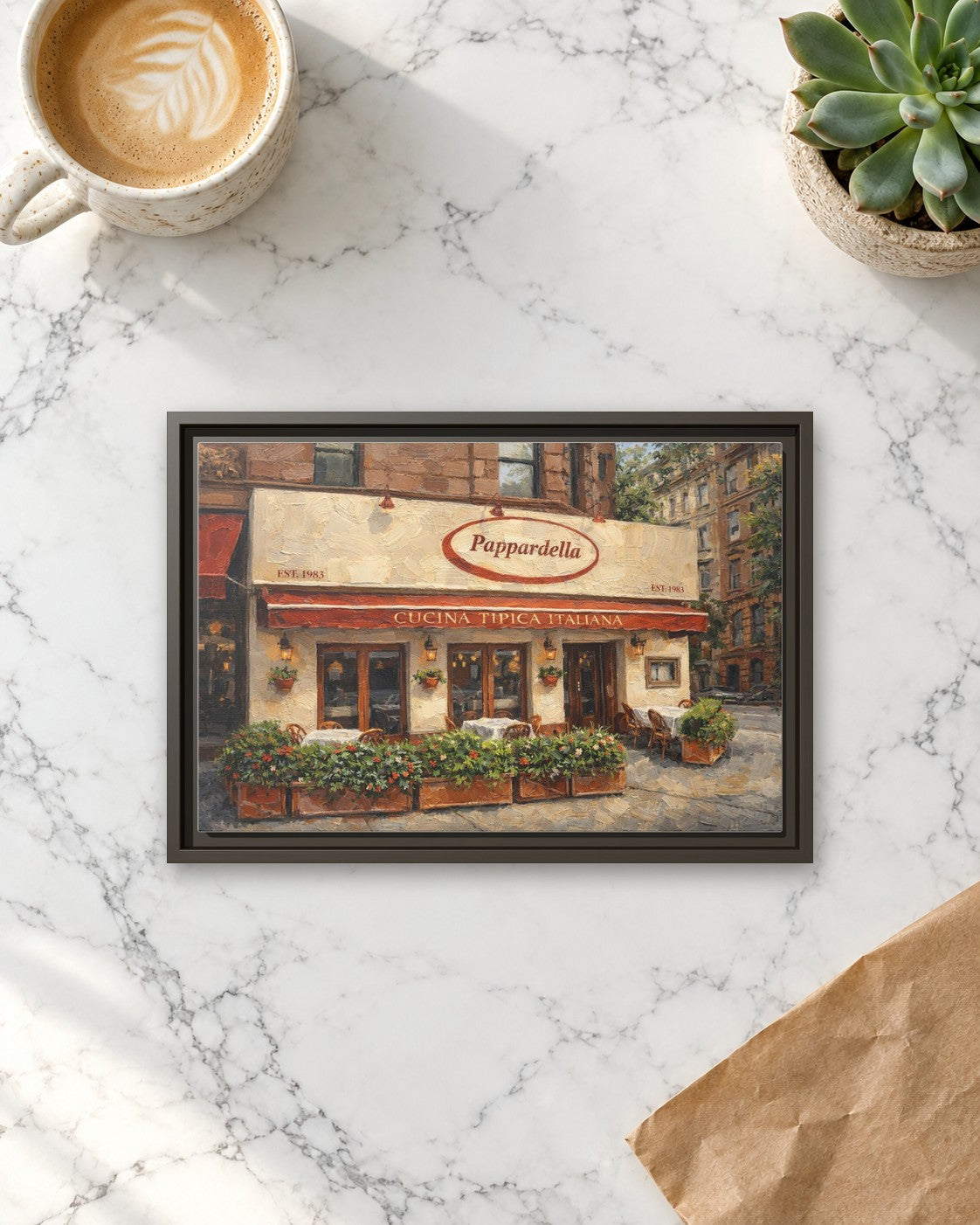 Papardella framed canvas print lying on a table