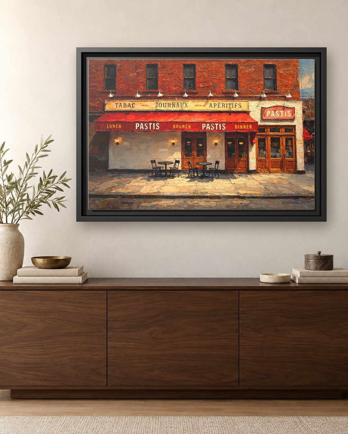 Pastis framed canvas print hanging above a credenza