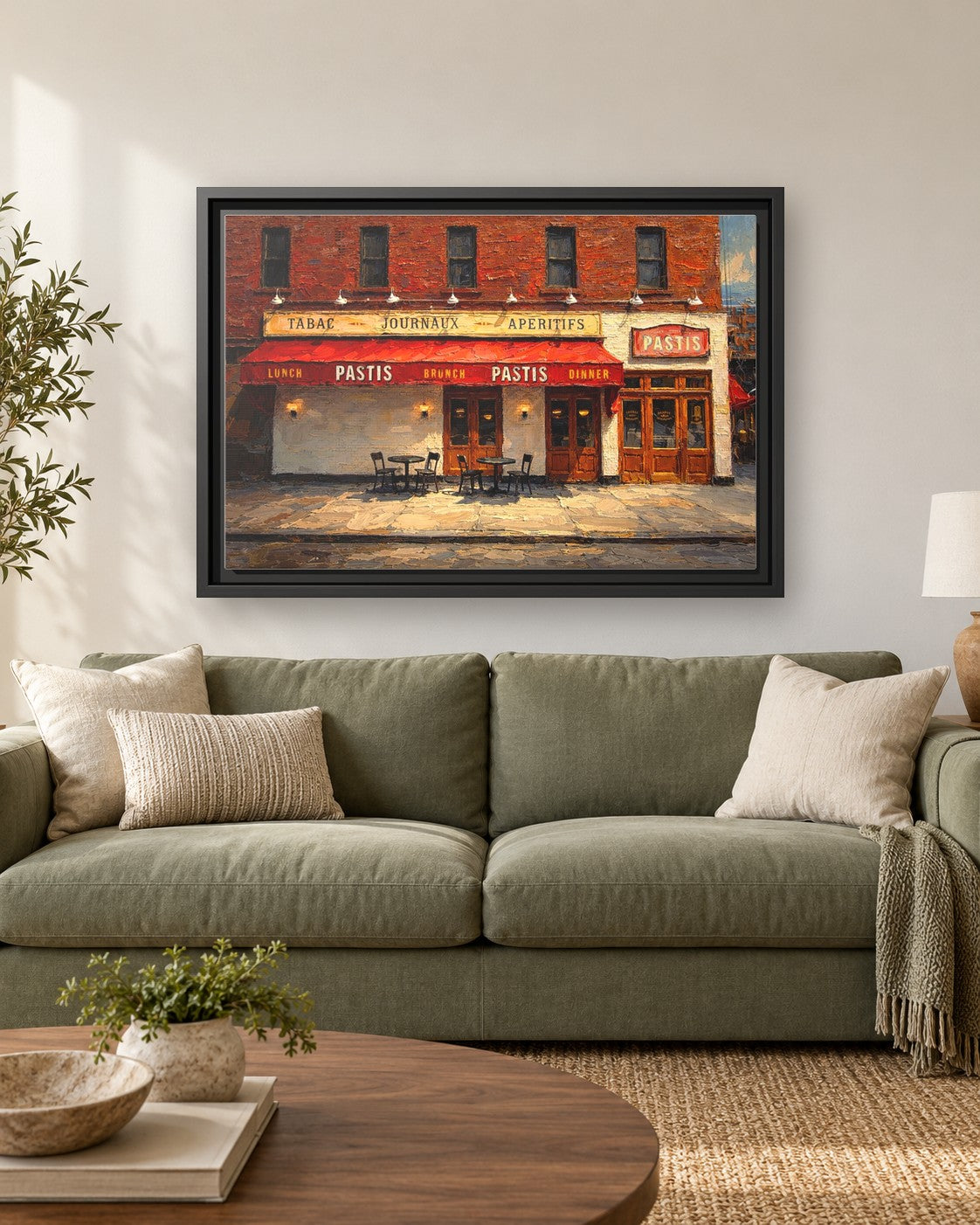 Pastis framed canvas print hanging above a sofa