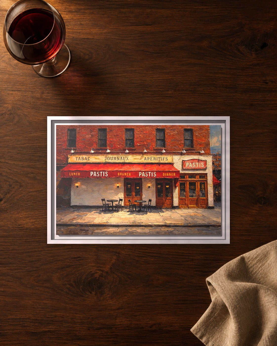 Pastis framed canvas print lying on a table