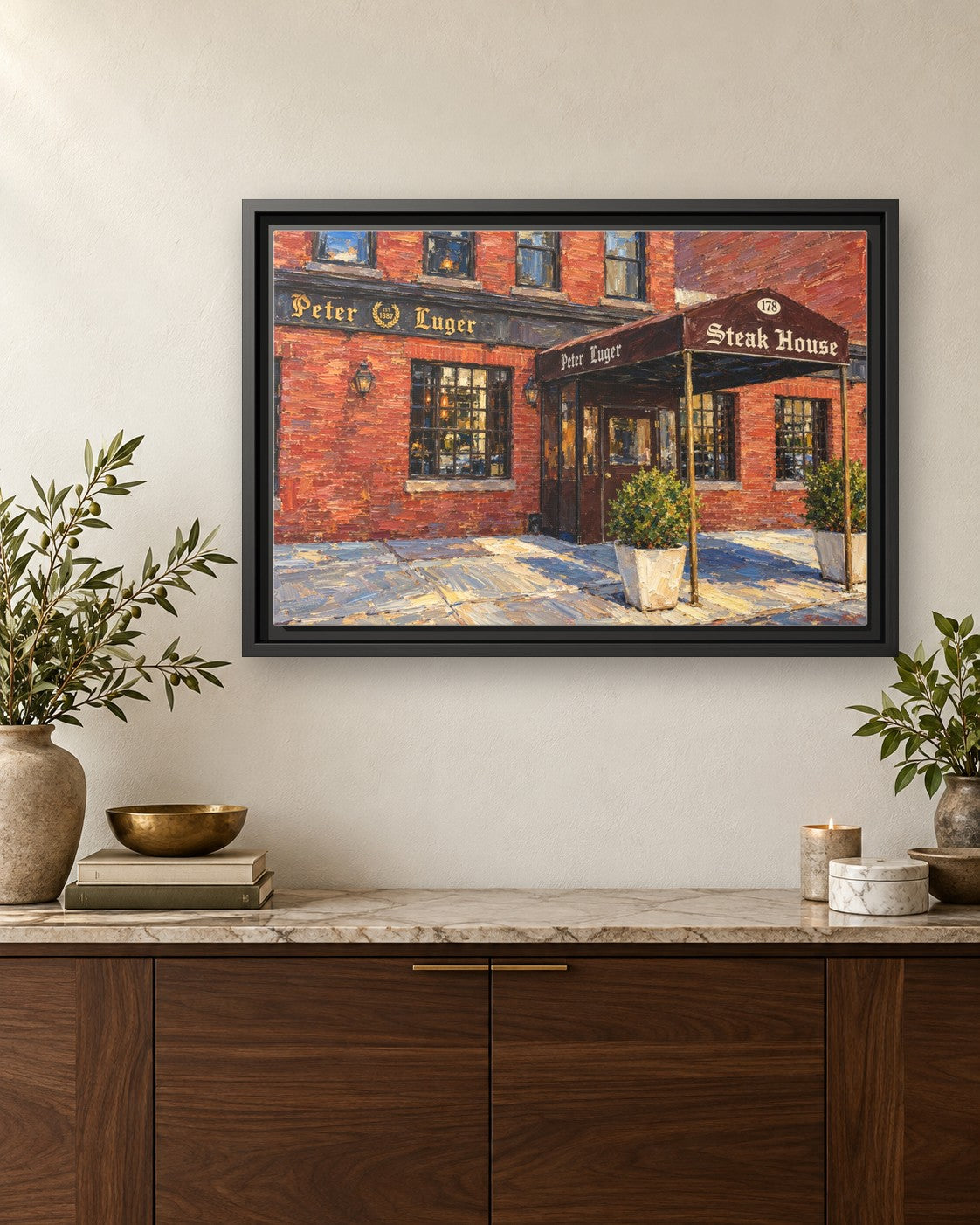 Peter Luger Steak House framed canvas print hanging above a credenza