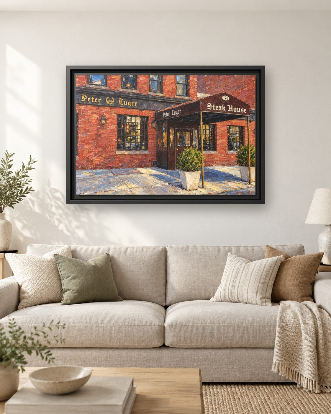 Peter Luger Steak House framed canvas print hanging above a sofa