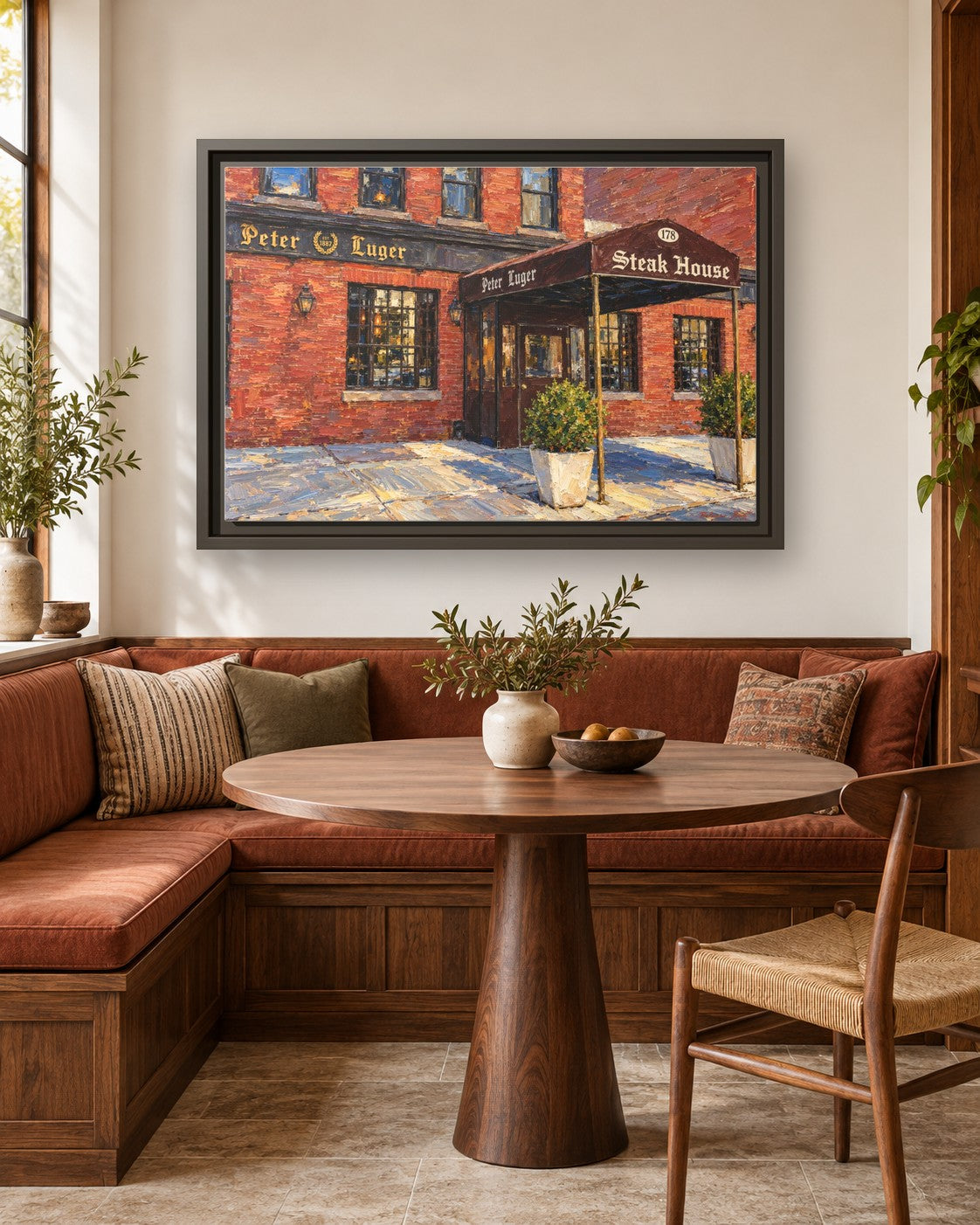 Peter Luger Steak House framed canvas print in a breakfast nook