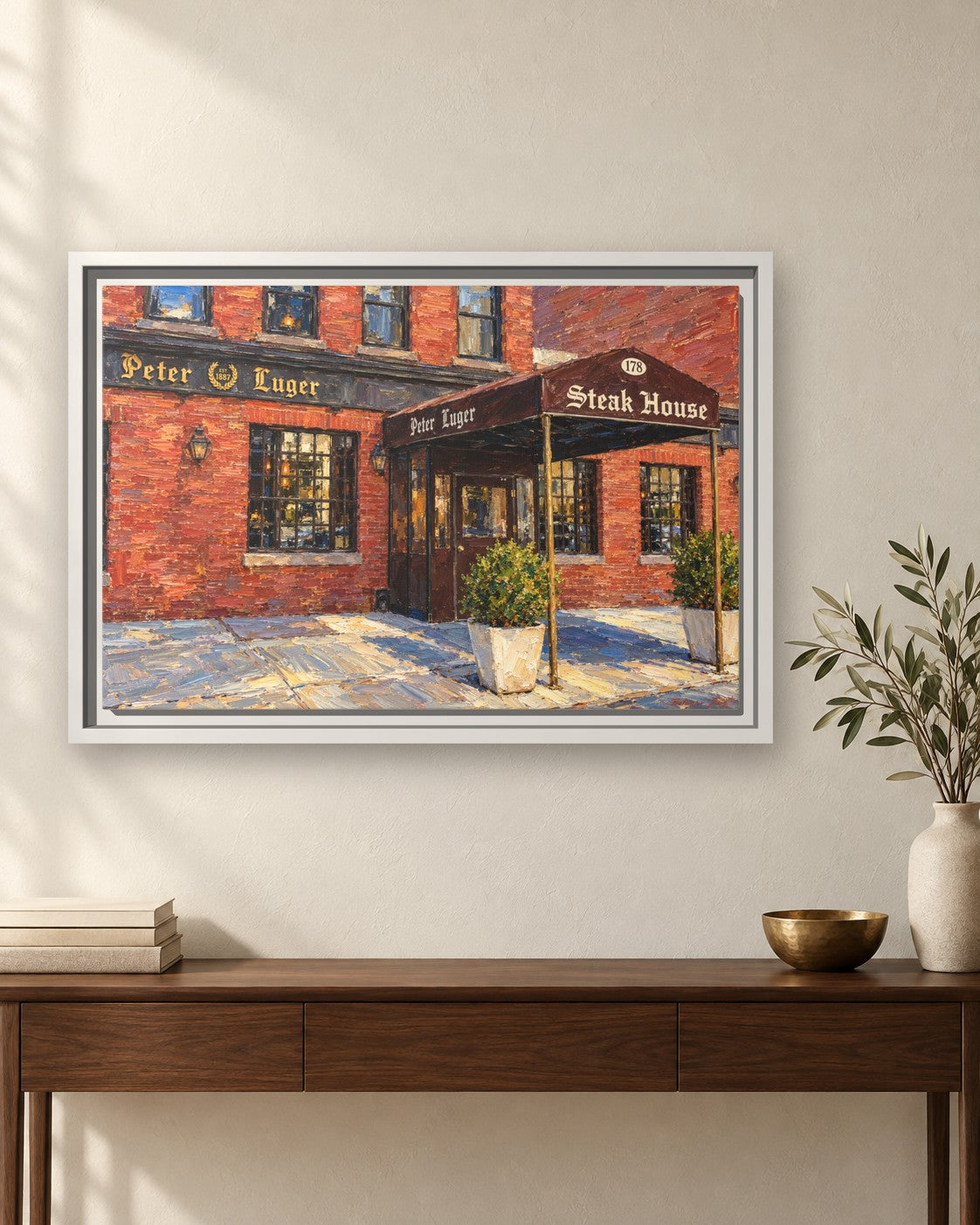 Peter Luger Steak House framed canvas print hanging above a sideboard