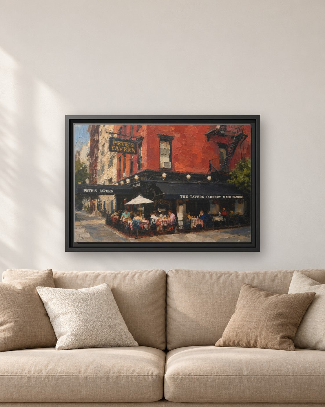 Pete's Tavern framed canvas print hanging above a sofa