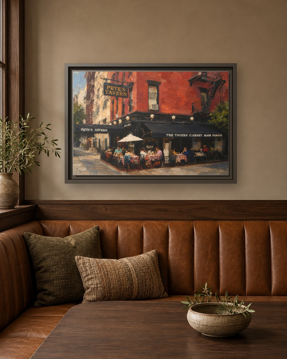 Pete's Tavern framed canvas print in a breakfast nook