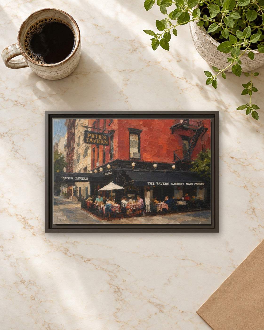 Pete's Tavern framed canvas print lying on a table