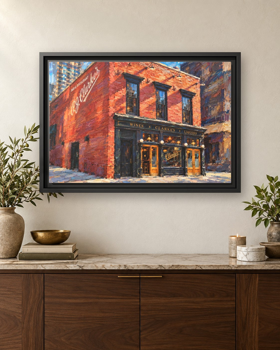 PJ Clarke's framed canvas print hanging above a credenza