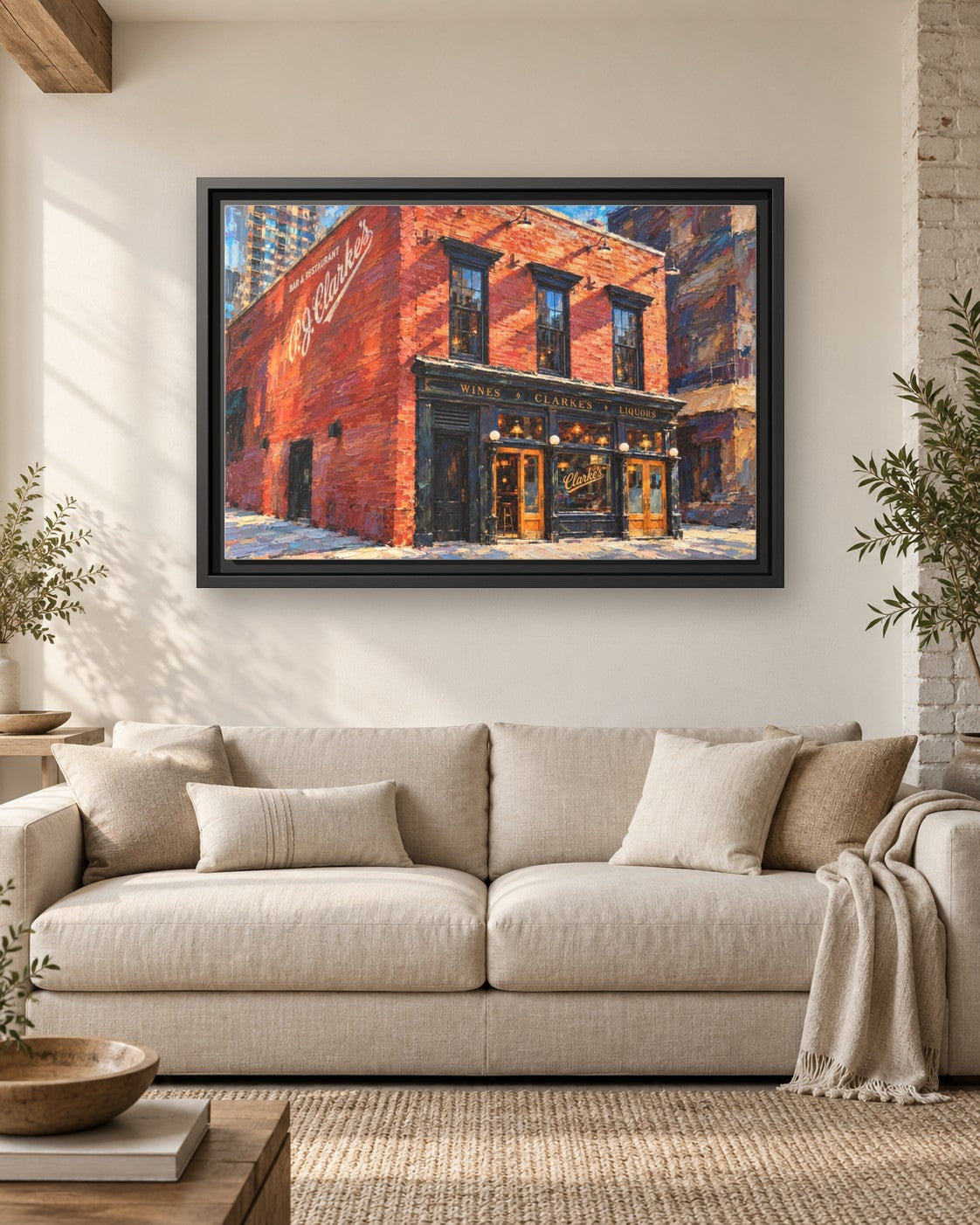 PJ Clarke's framed canvas print hanging above a sofa