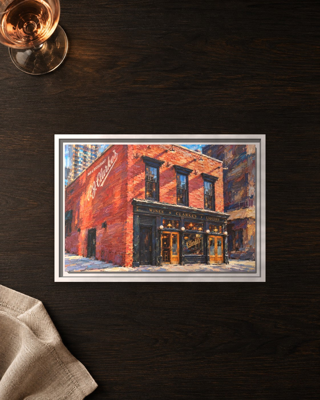 PJ Clarke's framed canvas print lying on a table