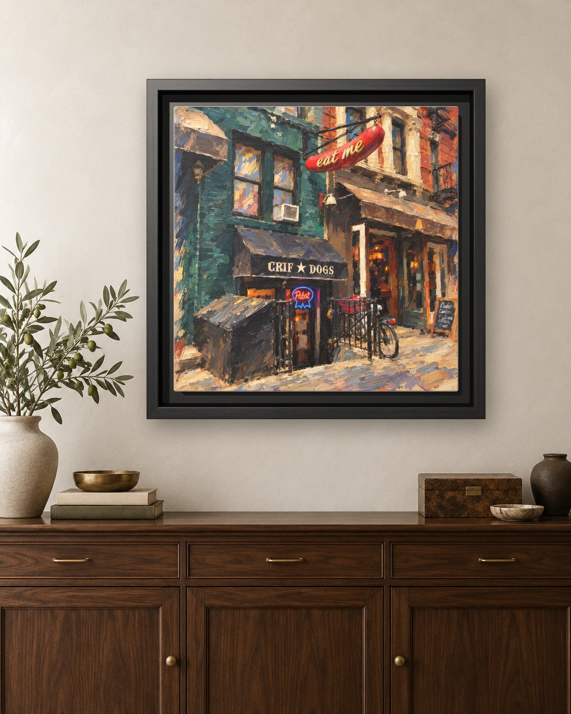 Please Don't Tell (PDT) framed canvas print hanging above a credenza