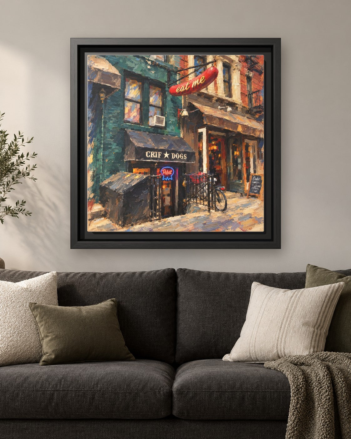 Please Don't Tell (PDT) framed canvas print hanging above a sofa