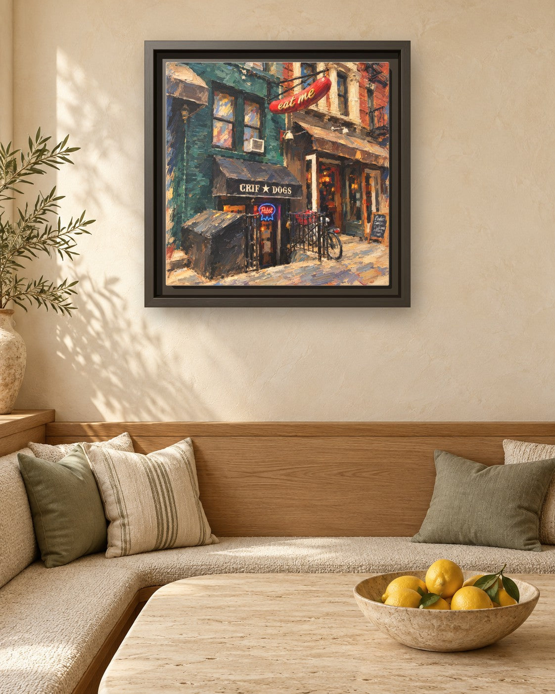 Please Don't Tell (PDT) framed canvas print in a breakfast nook