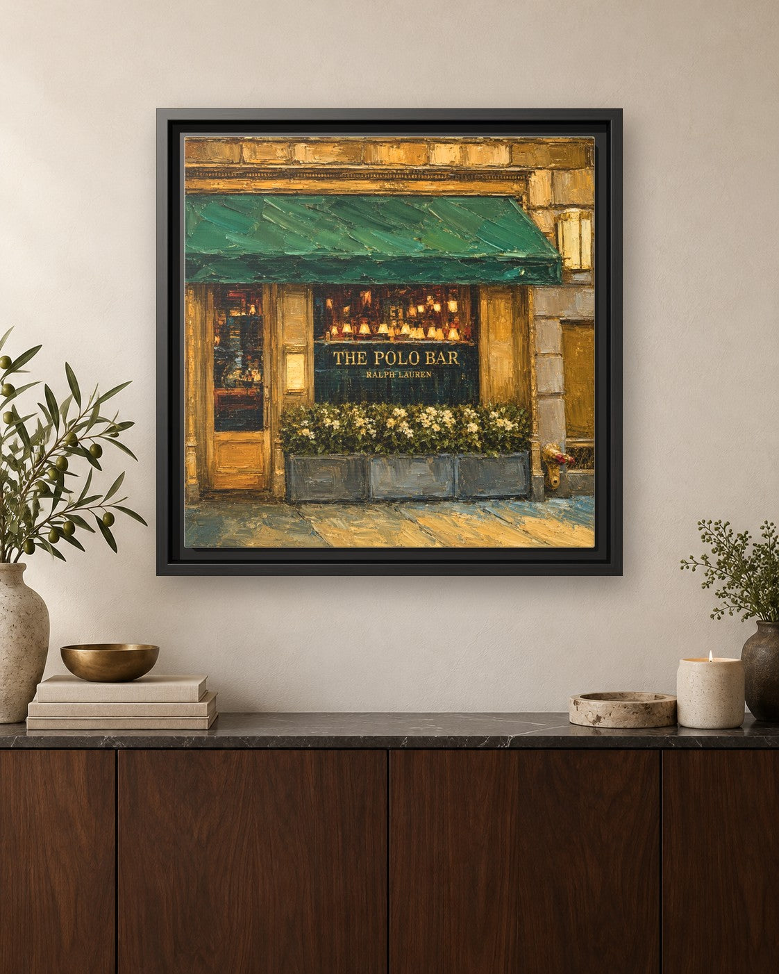 Polo Bar framed canvas print hanging above a credenza