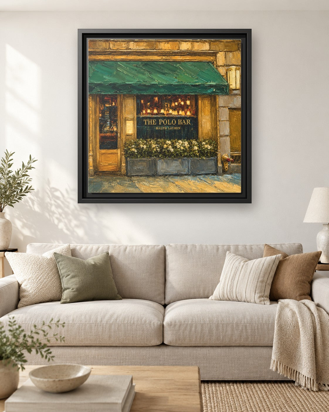 Polo Bar framed canvas print hanging above a sofa