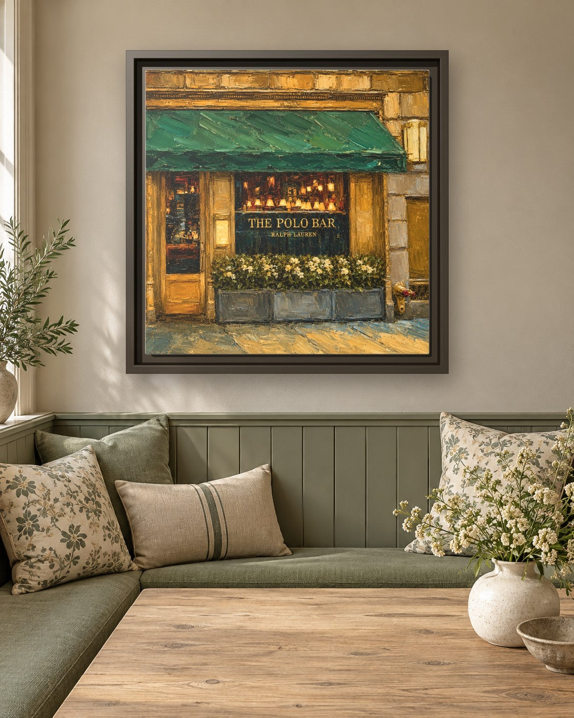 Polo Bar framed canvas print in a breakfast nook