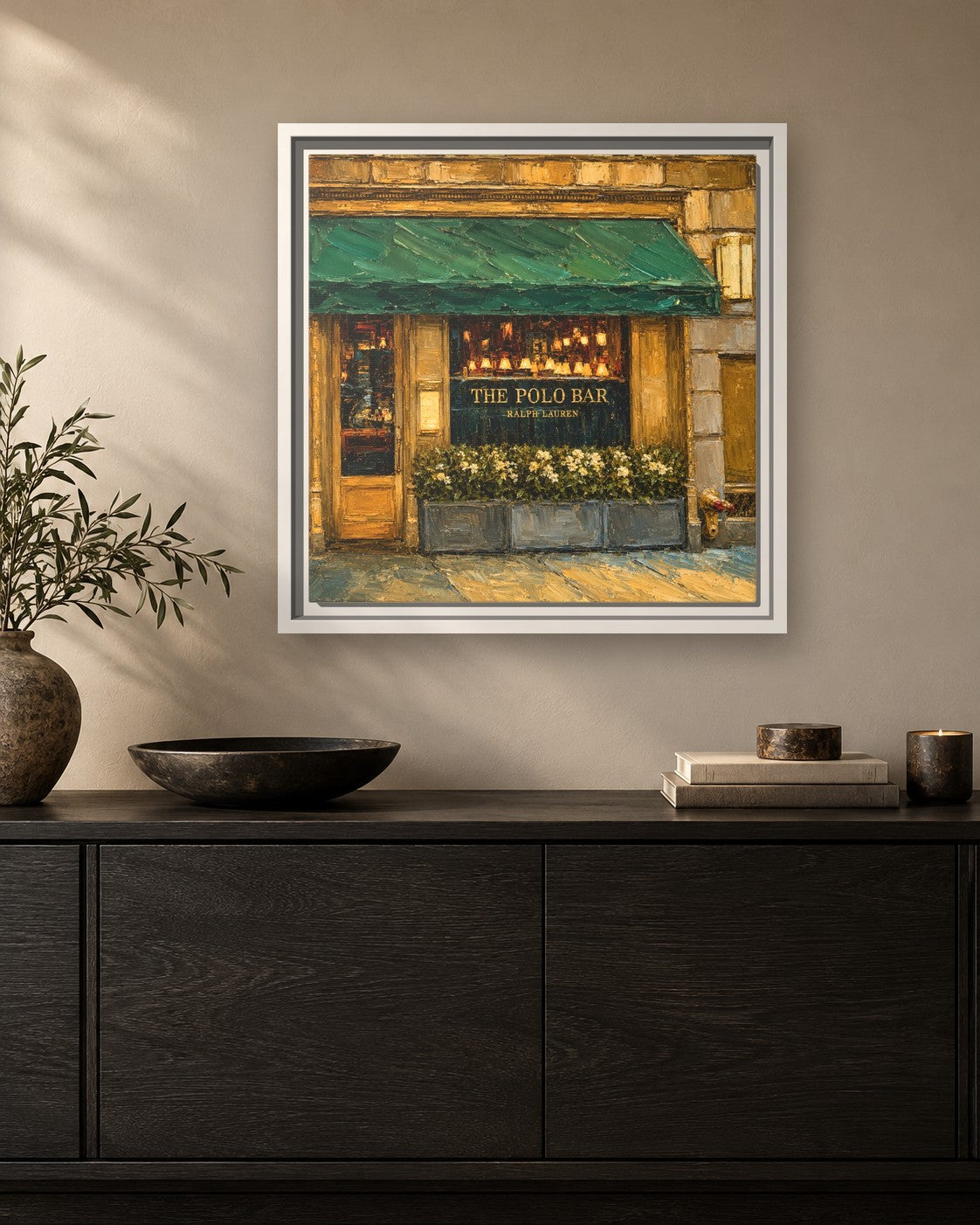 Polo Bar framed canvas print hanging above a sideboard