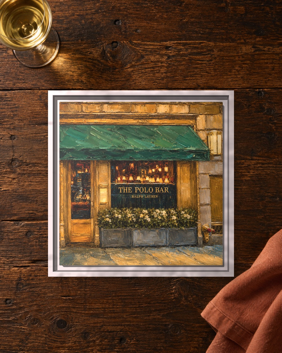 Polo Bar framed canvas print lying on a table