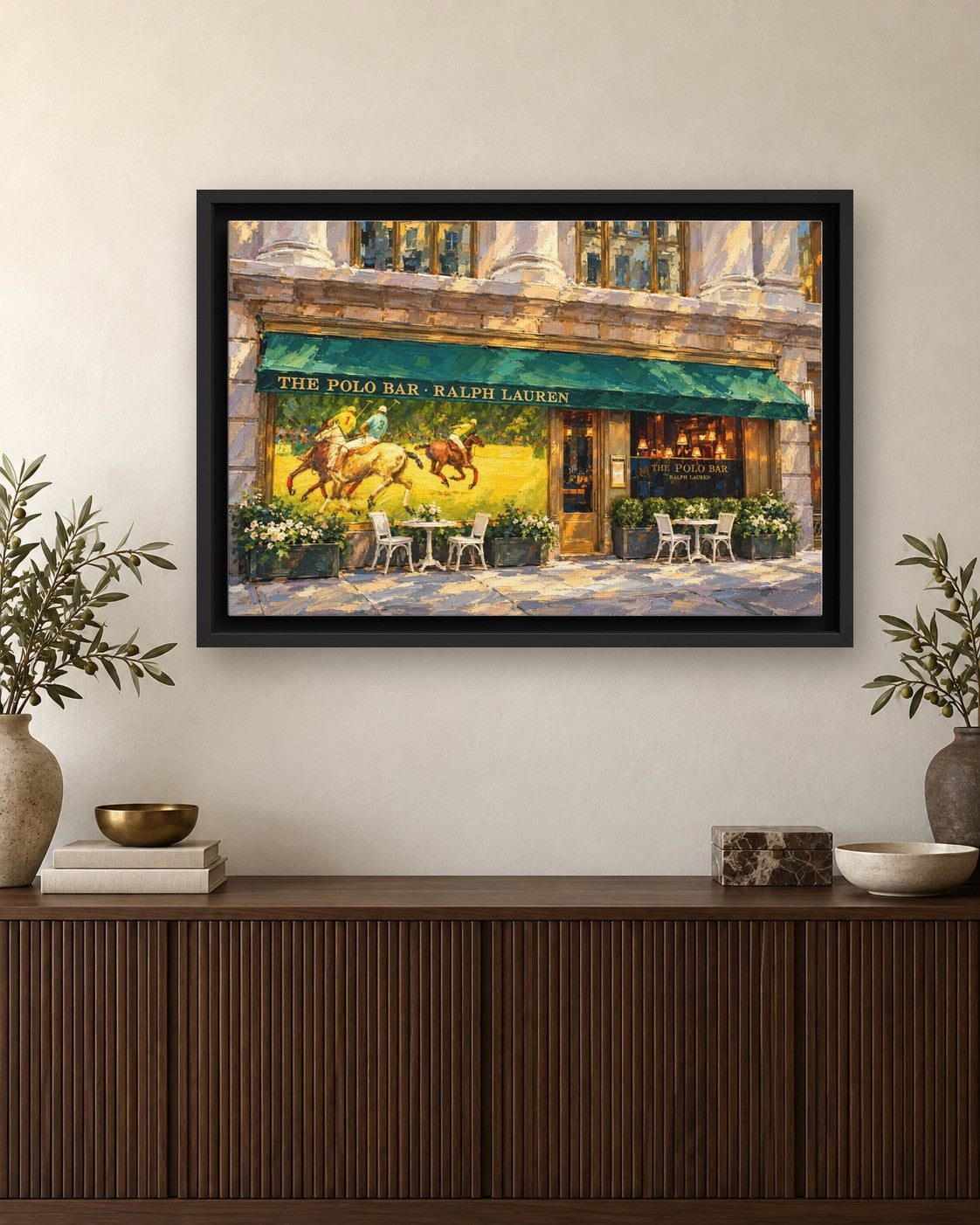 Polo Bar (Horizontal) framed canvas print hanging above a credenza